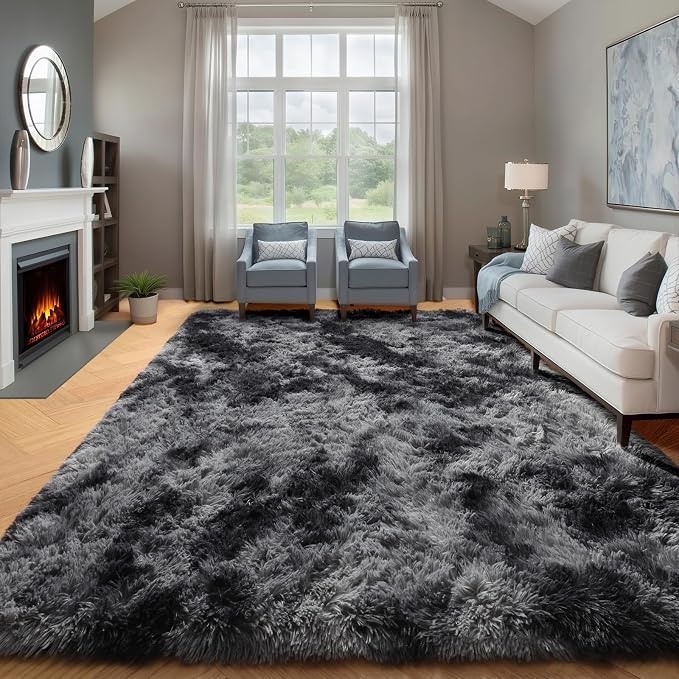 Area Rugs 9x12 Living Room, Tie-Dyed Dark Grey Large Fluffy Bedroom Rug - Image 5