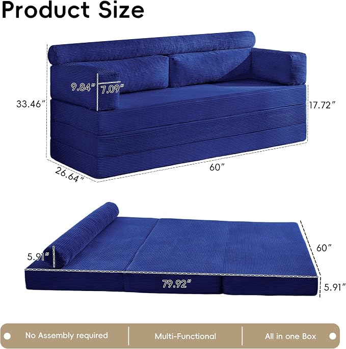 5-in-1 Convertible Sofa Bed, Corduroy Futon Couch Sleeper - Image 2