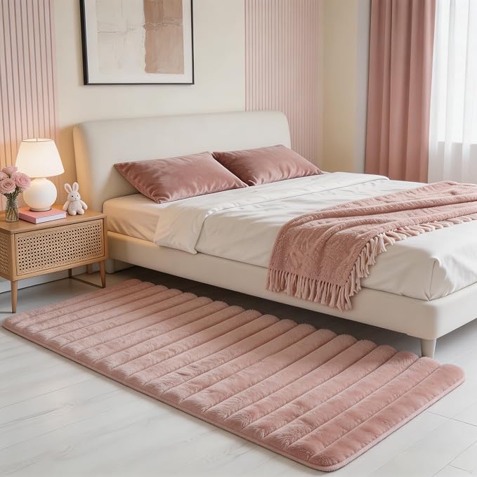 Dusty Rose Rabbit Striped Plush Rug 2'x6', Fluffy Faux Fur Shaggy Area Rug by CHOVY