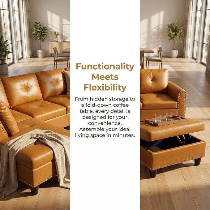 97.5" Yellow L Shaped Couch Set Leather, Modular Sectional Couches - Image 9