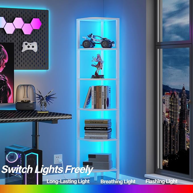 TUTOTAK Corner Shelf with LED Light, 6-Tier Corner Bookshelf - Image 3