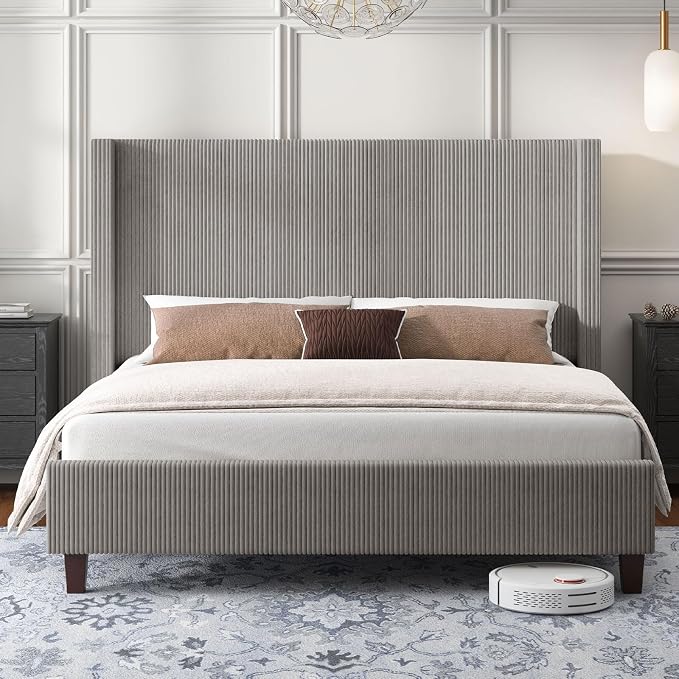 HOWE King Size Bed Frame with 50.8" Tall Wingback Headboard, Modern Corduroy - Image 3