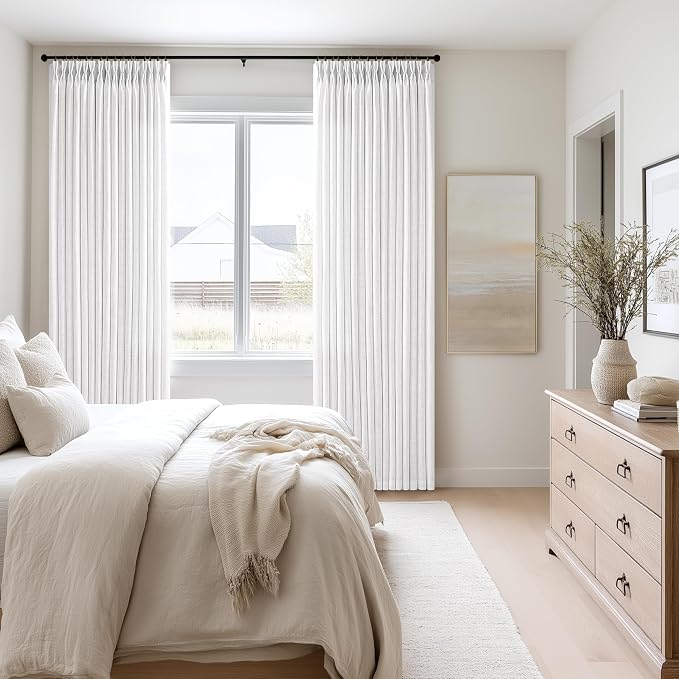 Linen Pleated Light Filtering Semi Sheer White Curtains 108 Inches Length | - Image 7