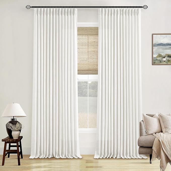 Beige White Pinch Pleated Linen Curtains 92 Inches Long 2 Panels | Memory - Image 8