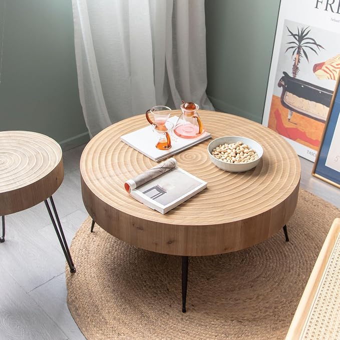 COZAYH 2-Piece Round Nesting Coffee Table Set, Natural Wood Top - Image 10