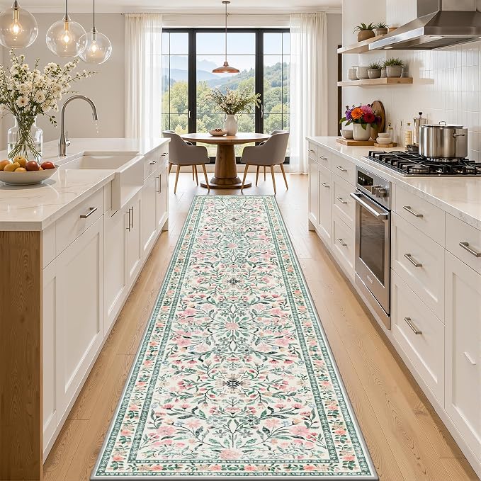 PLHXFR 2.6x14 Washable Runner Rug：Floral Indoor Kitchen Carpet Green Beige | by PLHXFRSoftAreaRugs