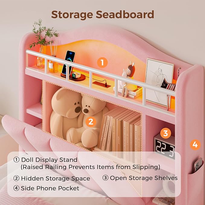 Twin LED Bed Frame with Storage Headboard & 2 Storage Drawers, Princess Velvet - Image 4