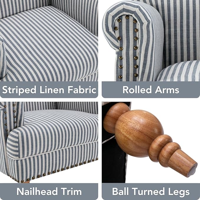 Blue Striped Linen Fabric Accent Chair, Coastal Upholstered Armchair - Image 3