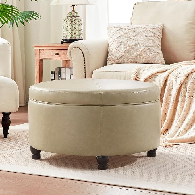 30-Inch Round Storage Ottoman, Modern Ottoman Coffee Table by MIQMICMIK