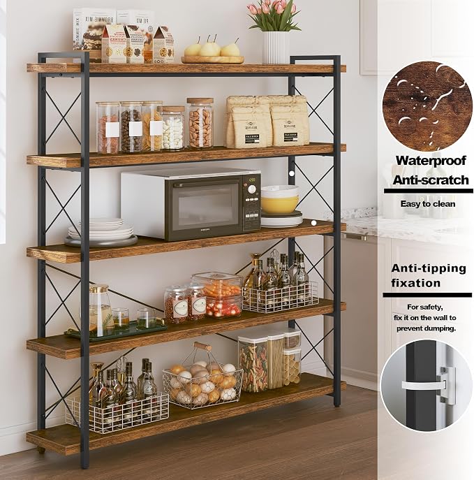 HCHQHS Large Bookshelf, 5-Tier Long Industrial Bookcase, Rustic Brown Book Shelf - Image 4