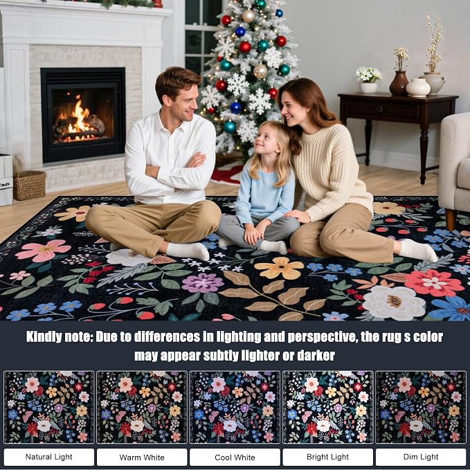 PLHXFR 2.6x14 Washable Runner Rug：Floral Indoor Kitchen Soft Carpet Black | - Image 9
