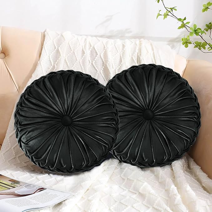 HIG Set of 2 Black Velvet Decorative Round Pleated Throw Pillows | Vintage by HIG