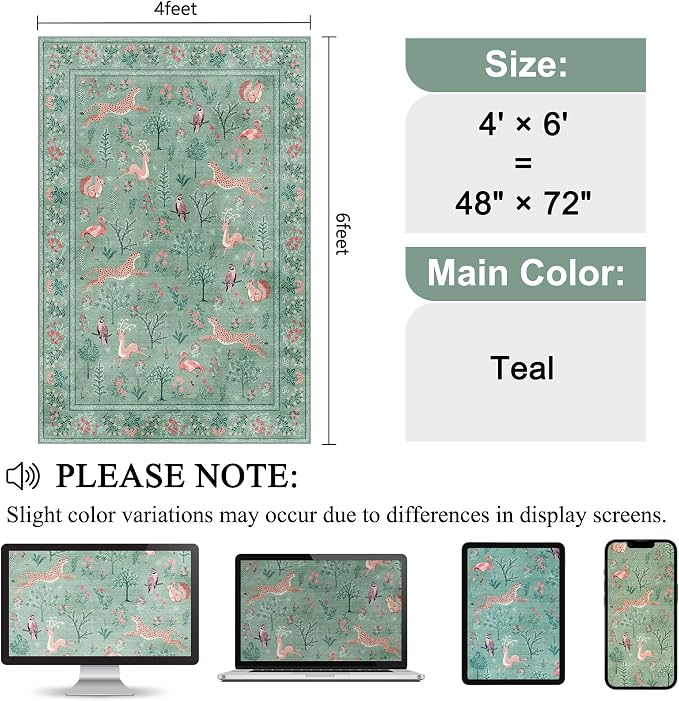 DUKINO 4x6 Area Rug, Non Slip Animal Washable Rug - Image 2