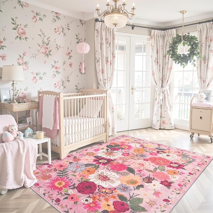 Pink Floral Area Rug 5x7 for Living Room Bedroom | Ultra-Thin; Non Slip; Stain by WelcometoBabovid
