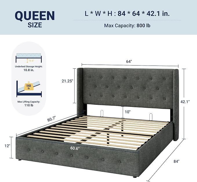 Allewie Queen Size Lift Up Storage Bed, Button Tufted Headboard - Image 2