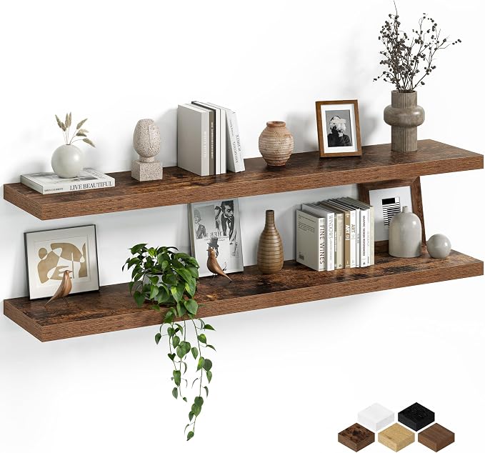Fun Memories Floating Shelves for Wall, 48 Inch Long Set of 2 Rustic Wood Wall by FunMemories