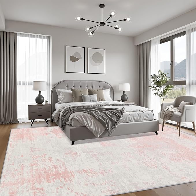 9x12 Area Rug Living Room: Modern Washable Soft Carpet Pink White | - Image 3