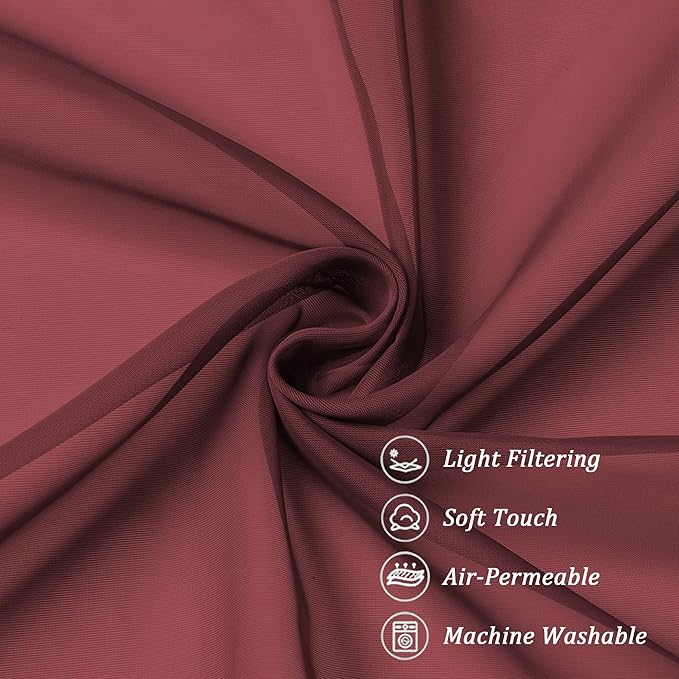 Chyhomenyc Sheer Curtains 63 Inch Length 2 Panels, Burgundy | Light Filtering - Image 4