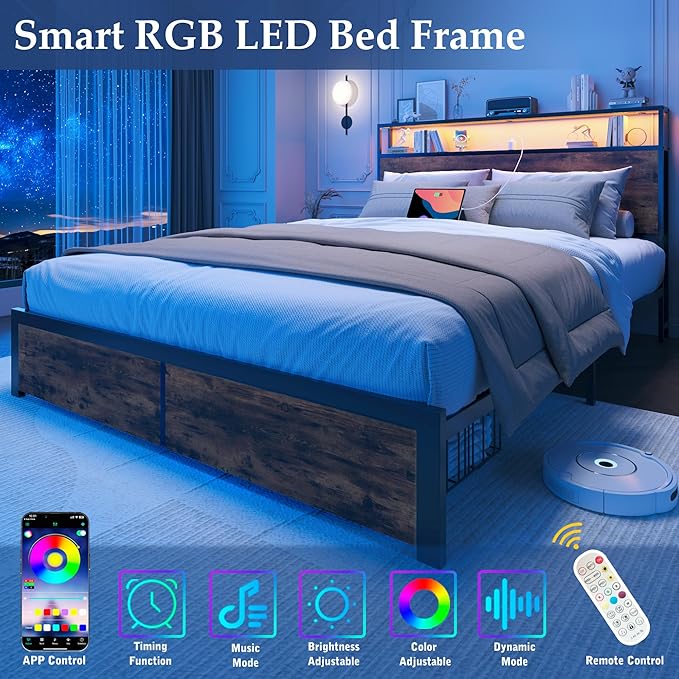 Lifezone Queen Bed Frame with 2-Tier Storage Headboard, Metal Bed Frame with - Image 5