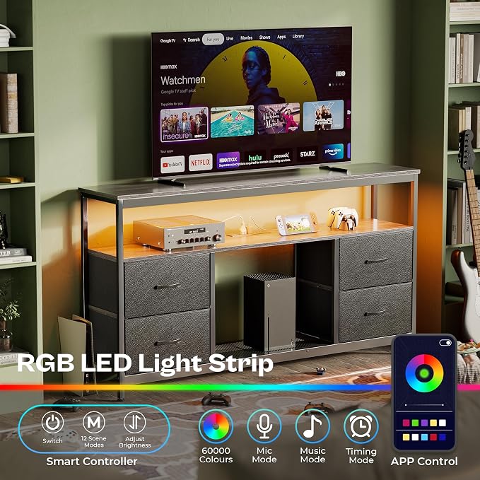 Huuger TV Stand Dresser with Power Outlets and LED Lights, 4 Drawers - Image 2
