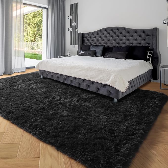 Fluffy Shaggy Black Area Rug 8x10 Feet, Plush Rugs - Image 5