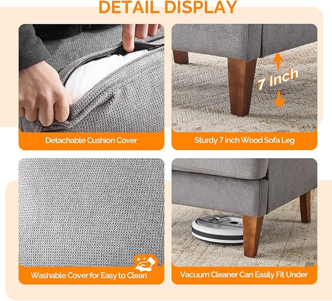 VINGLI Mid-Century Modern Accent Chair, Light Grey Upholstered Armchair Comfy - Image 7