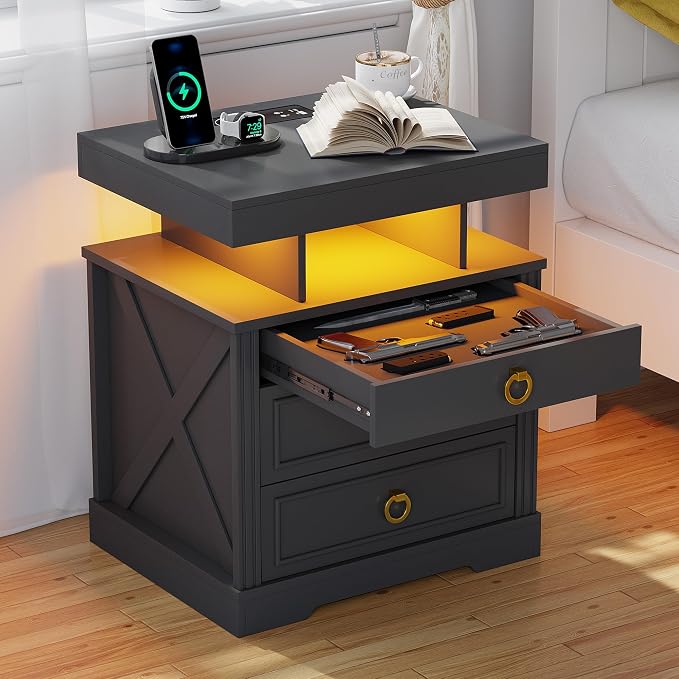 HNEBC Nightstand with Gun Drawers, LED Farmhouse Night Stand with Charging - Image 7