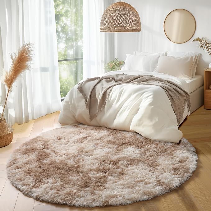 Amdrebio Beige Tan Round Small Area Rug 4Ft - Image 5
