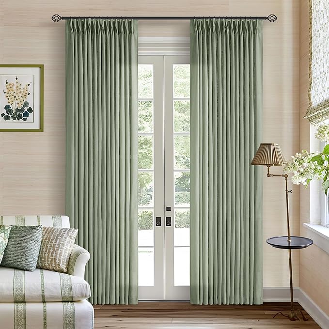 Sage Green Linen Curtains Pinch Pleated 84 Inches Long 2 Panels Set 40x84 | by Twodrapes