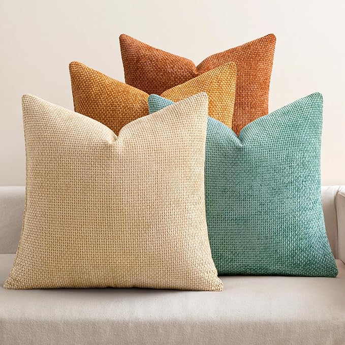 MIULEE Soft Decorative Chenille Fall Pillow Covers Beige Orange Teal 18x18 | by MIULEE