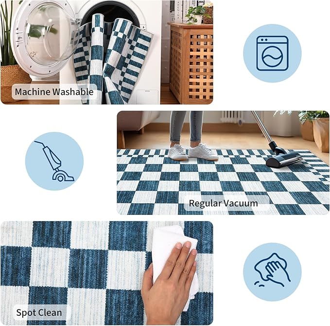 GarveeHome 8x10 Area Rugs Geometric Washable Modern Navy Blue Checkered Rug | - Image 7