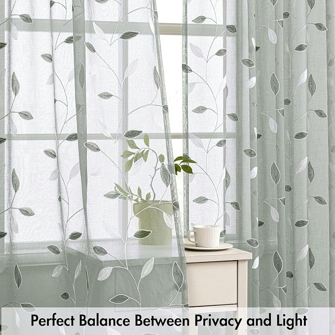 MIULEE Sage Sheer Curtains 2 Panels Embroidered Leaf Patterned, W52 x L84 | - Image 5