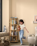 4-Tier Solid Wood Rotating Bookshelf on Wheels, 360° Spinning Book Shelf Tower - Image 8
