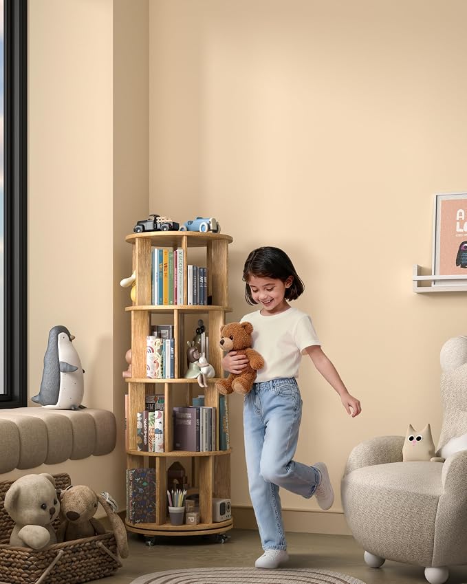 4-Tier Solid Wood Rotating Bookshelf on Wheels, 360° Spinning Book Shelf Tower - Image 8