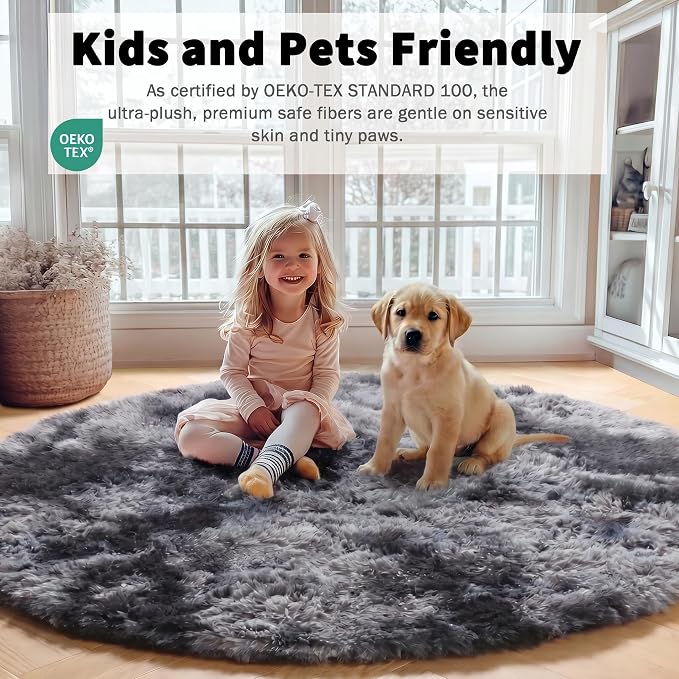 Tie-Dyed Dark Grey Round Area Rugs 5ft, Ultra Soft Bedroom Circle Rug - Image 4