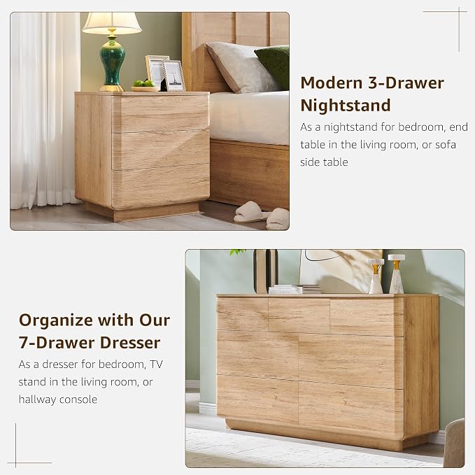 ACCOHOHO 3 Piece Bedroom Furniture Set, 7 Drawer Dresser & Two 22" Nightstands - Image 3