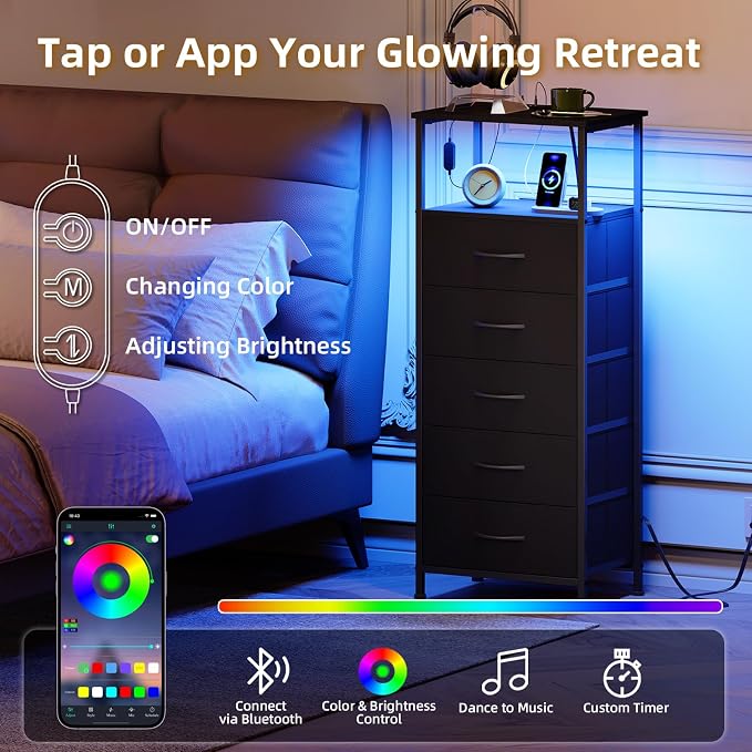 Somdot Black Nightstand with Charging Station and LED Light - Image 4