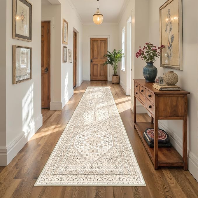 Hallway Runner Rug 2x12 Extra Long Washable Runner, Cream/Beige | Vintage Rug - Image 5