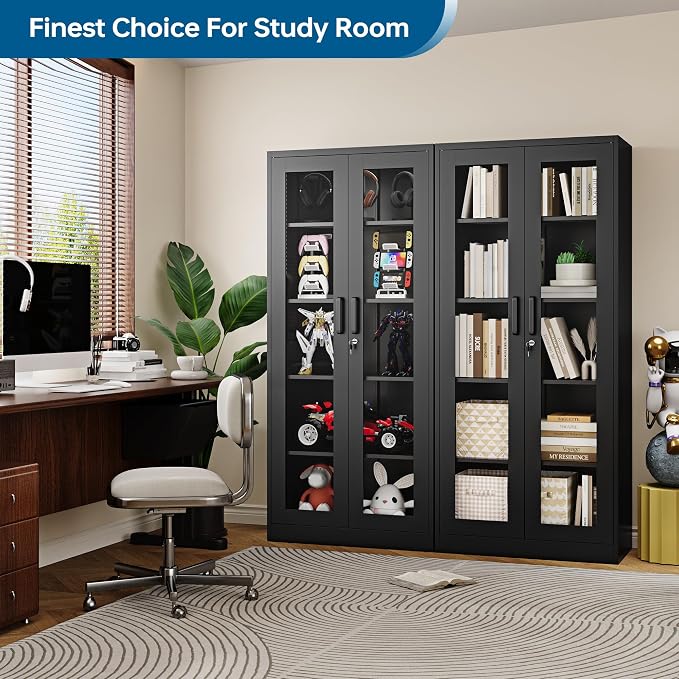 PEUKC Display Cabinet with Glass Doors, 71 Inches Metal Display Case with 4 - Image 2