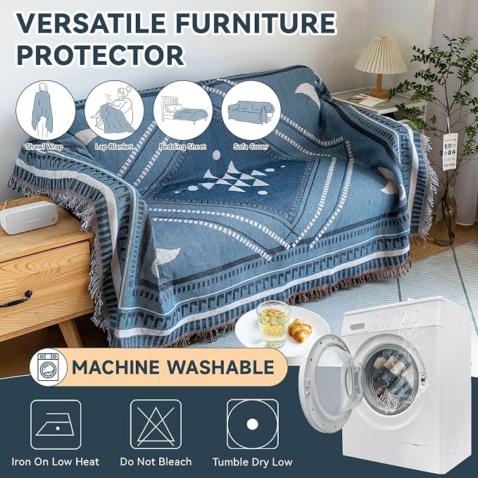 VClife Boho Couch Cover White Blue Plaid Stripe Couch Cover Washable L Shape - Image 6
