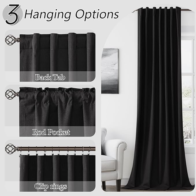 Black 100% Blackout Linen Curtains 102 Inch Length 2 Panels Set - Image 6