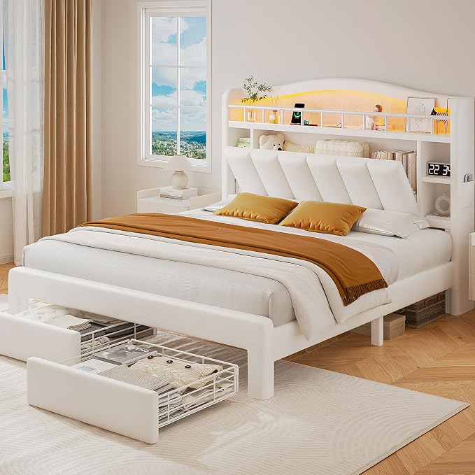 Queen Size Bed Frame with LED Storage Headboard & 2 Storage Drawers, Velvet by JOCOEVOL