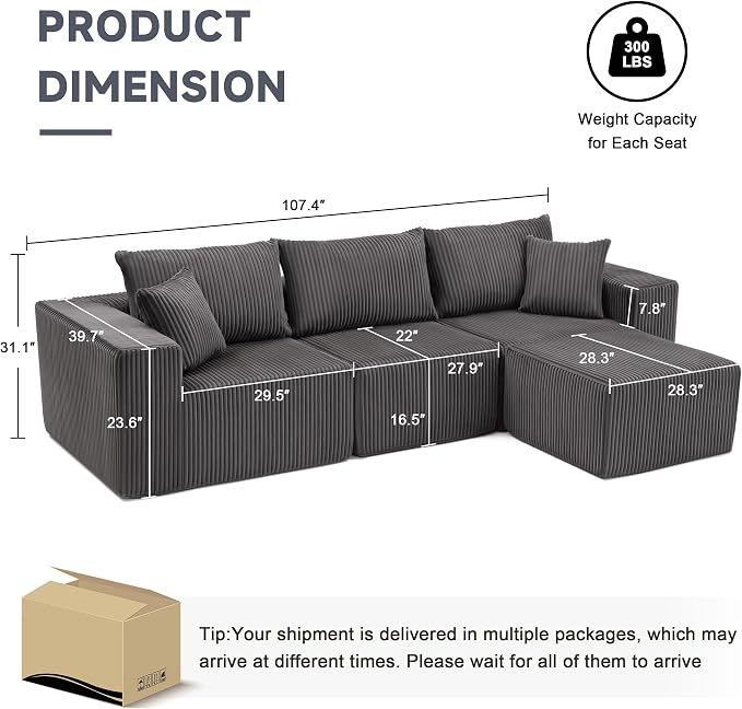 Weture 107.4" Cloud Couch Sectional, Modular Sofa - Image 3