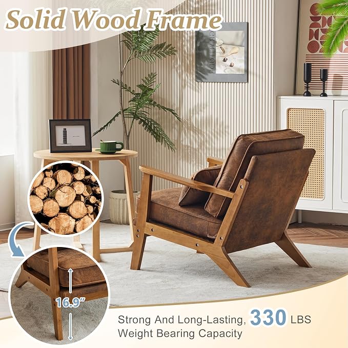VINGLI Solid Wood Wide Armrests Accent Chair Set of 2, Upholstered Mid Century - Image 4