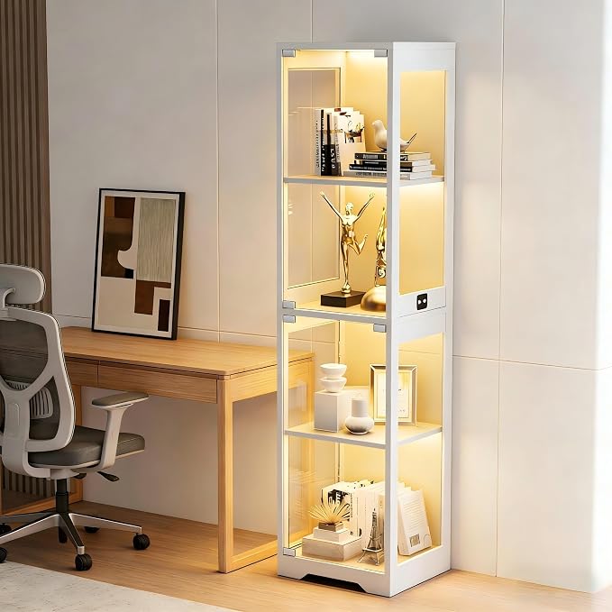 Display Cabinet with Glass Doors, Display Case with Lights and Human Body Sensor - Image 6