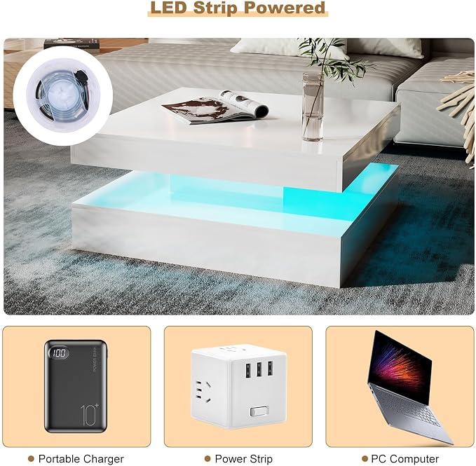 HedoAjim LED Coffee Table for Living Room, Living Room Table 2-Tier Square - Image 6