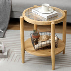 RUSTOWN Rattan Nightstands Set of 2, Boho Wood Round Side Tables, 2-Tier - Image 5