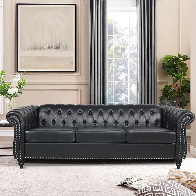 LEVNARY Chesterfield Sofa, Classic Tufted Upholstered Leather Couch, Modern 3 by LEVNARY