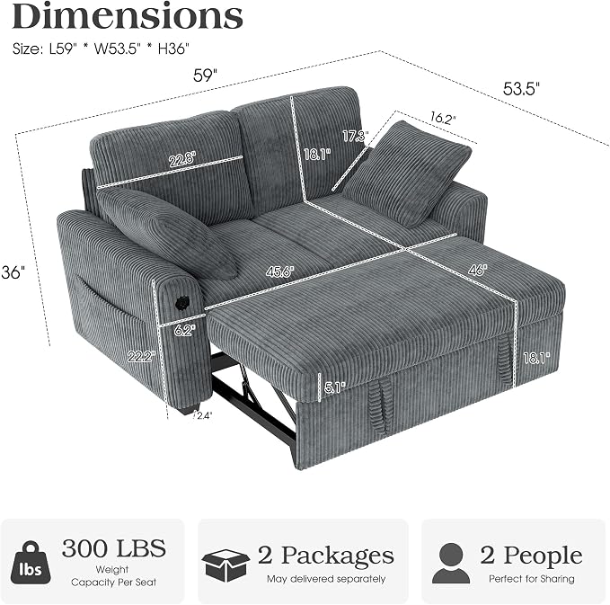 Ihanherry 59-inch Corduroy Convertible Sofa Bed - Image 2
