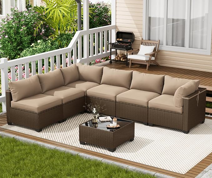 LOUVIXA 7 Piece Outdoor Patio Furniture Set, Outdoor Sectional Sofa, Wicker - Image 7